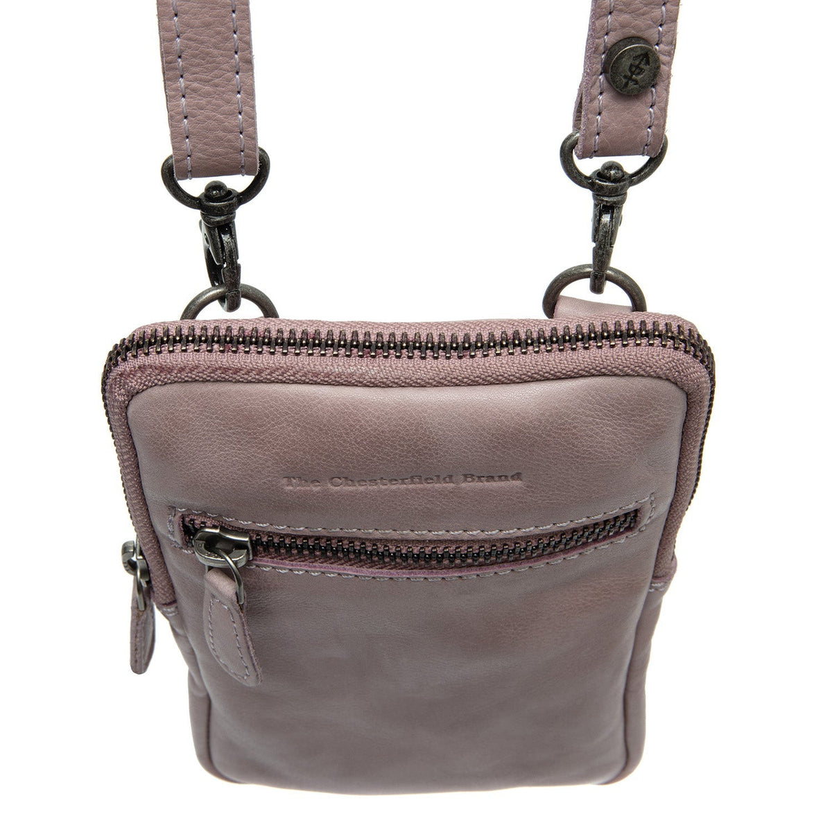 Detalle de cerca of Classic Collar &amp; Heavy-Duty Zipper Hardware on Salta Full-Grain Leather Phone Bag para Mujer