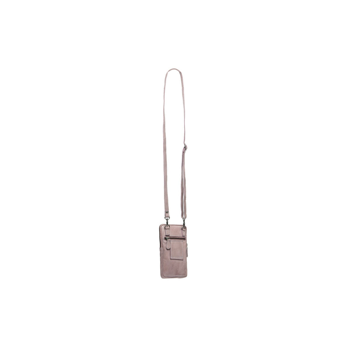 Styled Fit Perspective of Salta Full-Grain Leather Phone Bag para Mujer on Model - Natural Daylight Drape