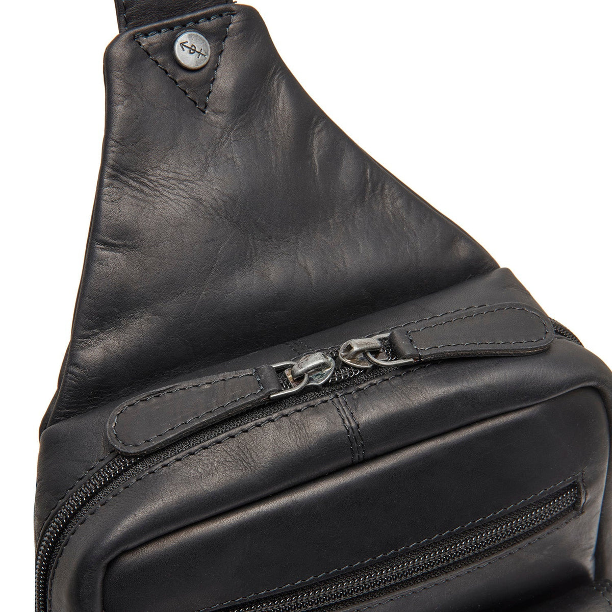 Solid Antique Brass Hardware &amp; Heavy-Duty Dual Zipper Detail on Leather Sling Bag Turelle para Mujer