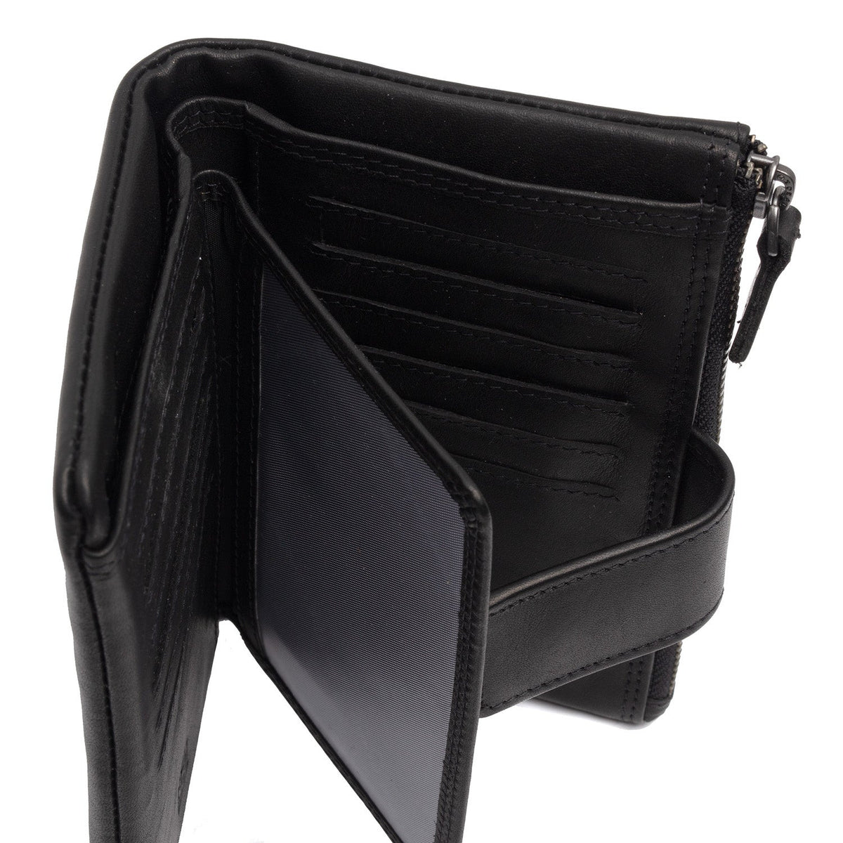 Solid Antique Brass Hardware &amp; Heavy-Duty Dual Zipper Detail on Landau Full-Grain Cartera de Cuero para Mujer