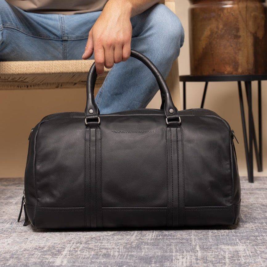 Classic 100% Full-Grain Leather Duffle Bag - Rear Perspective Showing Reinforced Leather Straps &amp; Stitching