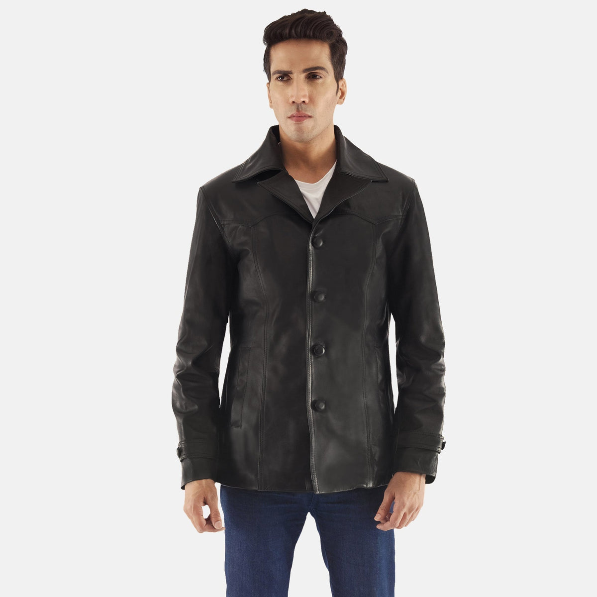 Leo Negro Abrigo de Cuero para Hombre in Black Cowhide Leather - Vista frontal y silueta a medida | Comprar online