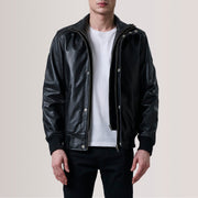 Lester Brown Suede Bomber Jacket For Men in Brown Goatskin Suede - Vista frontal y silueta a medida | Comprar online