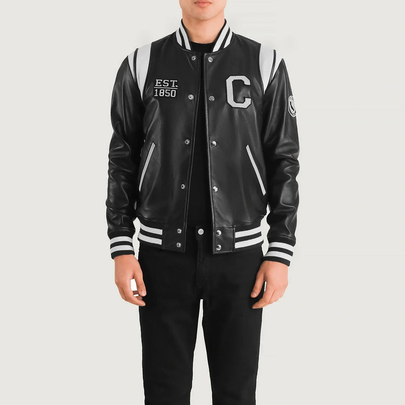 Liberte California Negro Leather Varsity Chaqueta de Cuero para Hombre