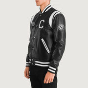 
Black & White Sheepskin Leather Varsity Jacket - Vista posterior con hombros definidos y bajo impecable