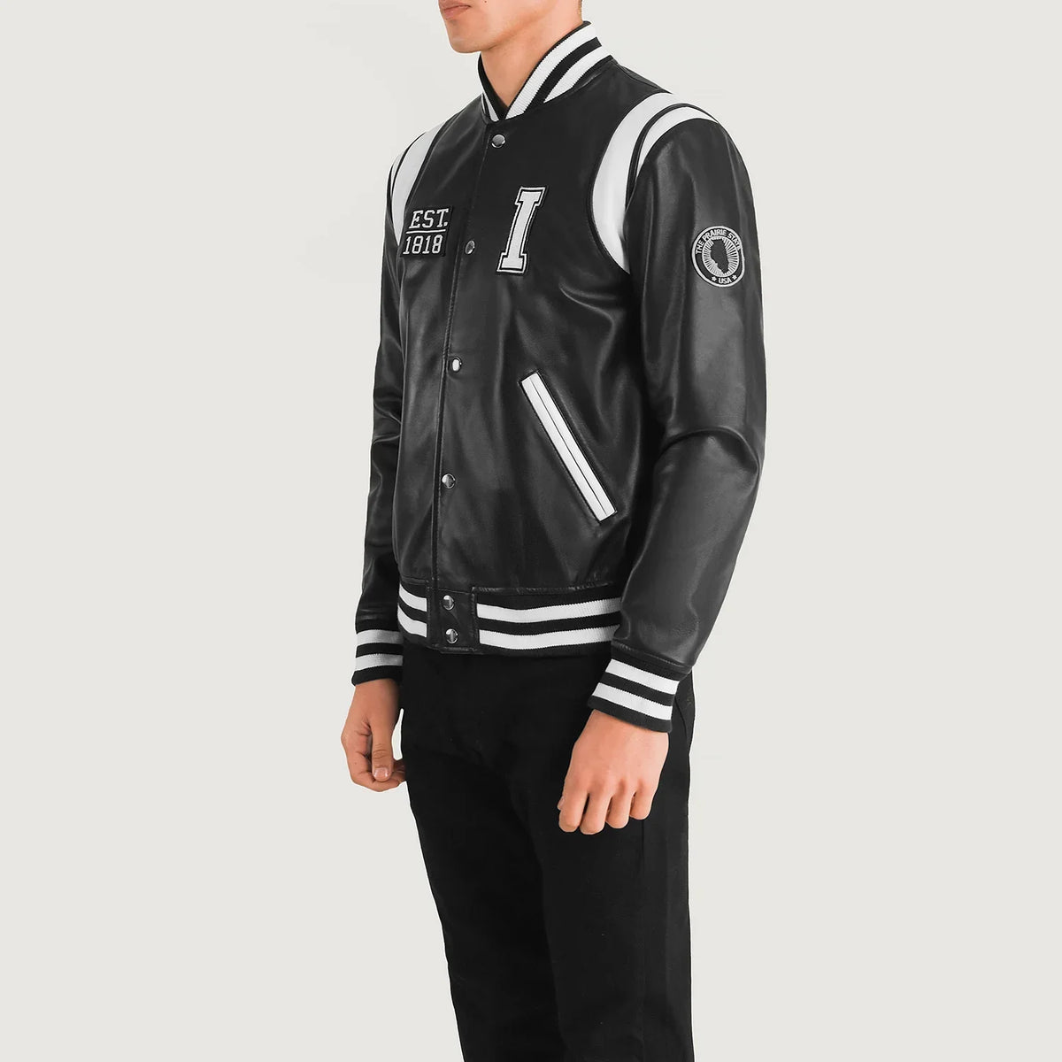 
Black & White Sheepskin Leather Varsity Jacket - Vista posterior con hombros definidos y bajo impecable