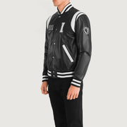 
Black & White Sheepskin Leather Varsity Jacket - Vista posterior con hombros definidos y bajo impecable