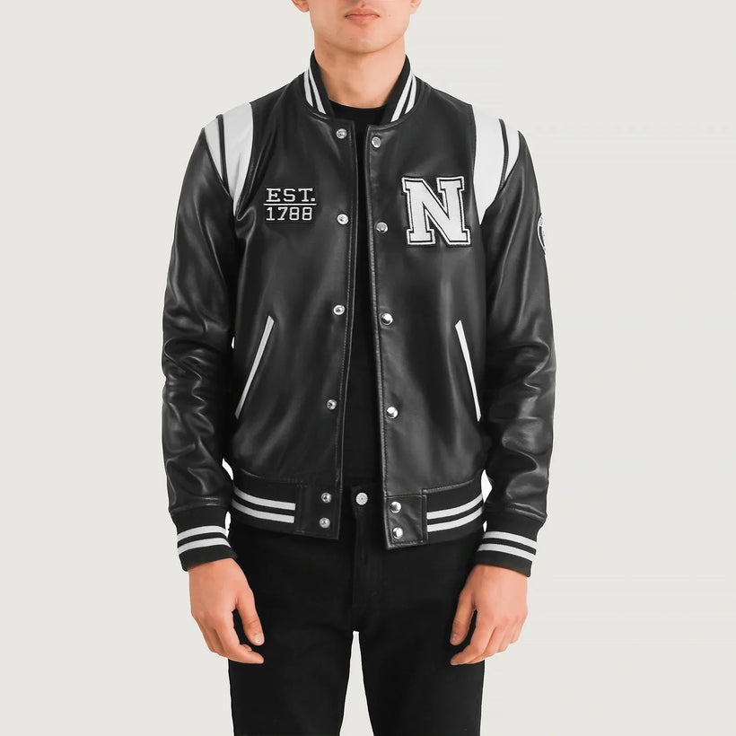 Liberte New York Negro Leather Varsity Chaqueta de Cuero para Hombre