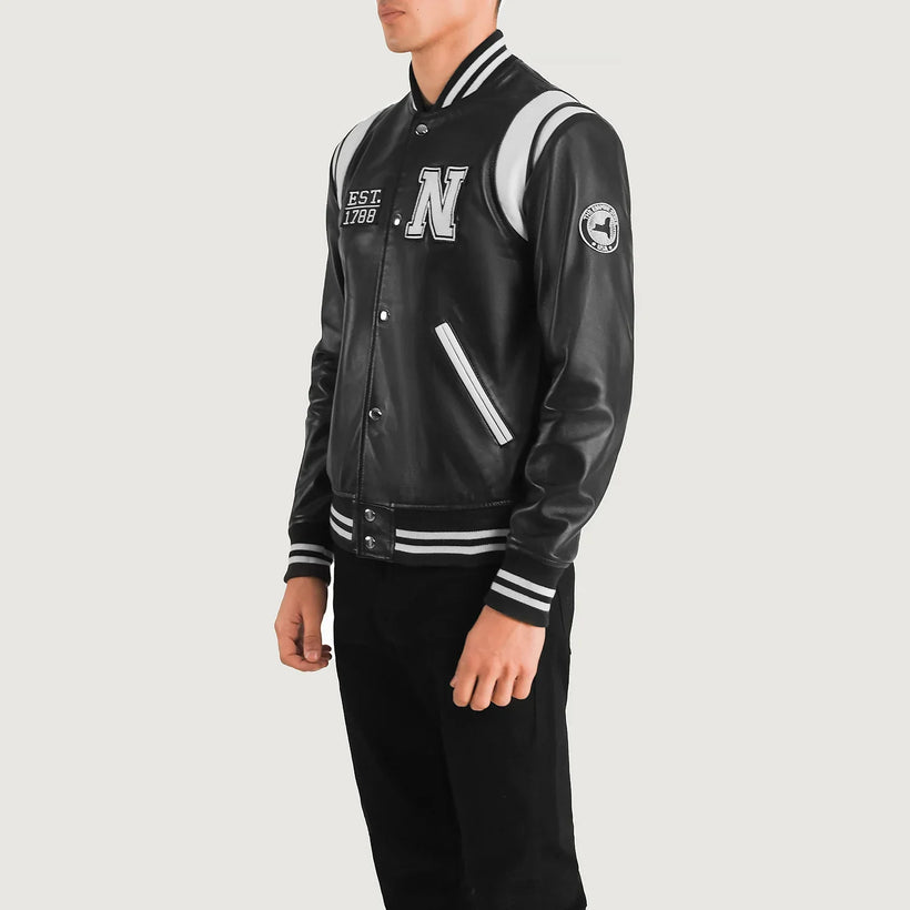 Liberte New York Negro Leather Varsity Chaqueta de Cuero para Hombre