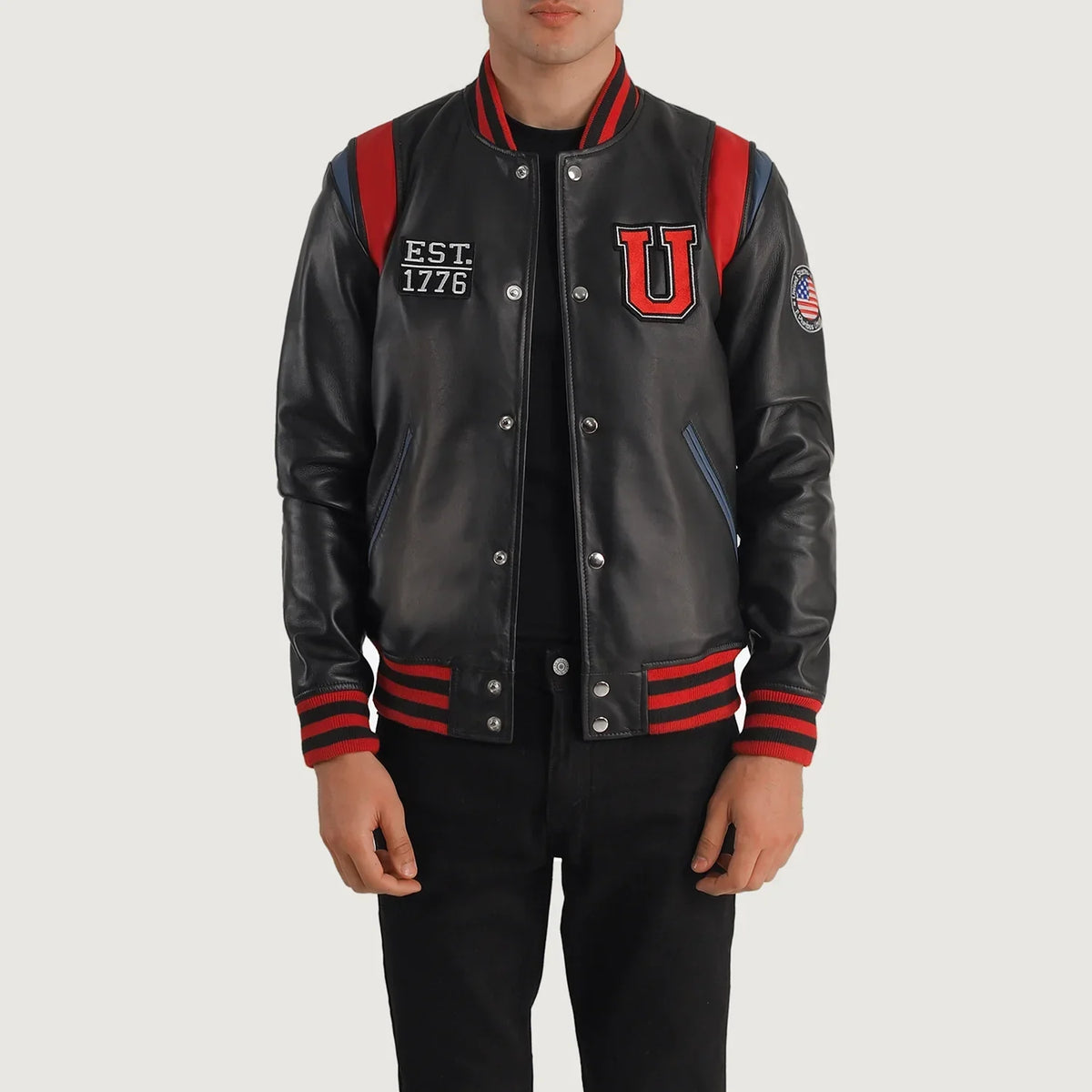 Liberte USA Black Leather Varsity Jacket in Black Sheepskin Leather - Vista frontal y silueta a medida | Comprar online