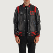Liberte USA Black Leather Varsity Jacket in Black Sheepskin Leather - Vista frontal y silueta a medida | Comprar online