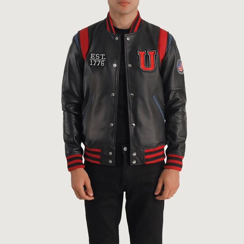 Liberte Usa Negro Leather Varsity Chaqueta de Cuero para Hombre