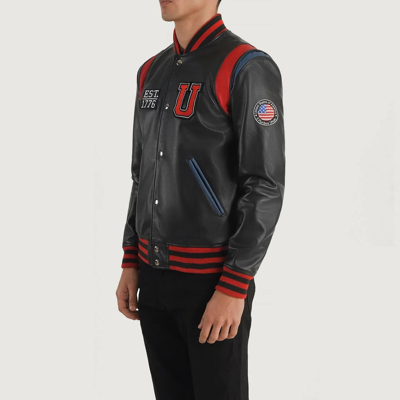 Liberte Usa Negro Leather Varsity Chaqueta de Cuero para Hombre