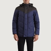 
Vista de detalle of Classic Collar & Zipper With Velcro Placket Hardware on Luka Negro & Azul Hooded Puffer Chaqueta de Cuero para Hombre