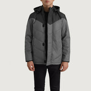 
Luka Negro & Gris Hooded Puffer Chaqueta de Cuero para Hombre in Black & Grey Full-Grain Leather - Vista frontal y silueta entallada | Comprar online