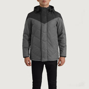 
Vista de detalle of Classic Collar & Zipper With Velcro Placket Hardware on Luka Negro & Gris Hooded Puffer Chaqueta de Cuero para Hombre