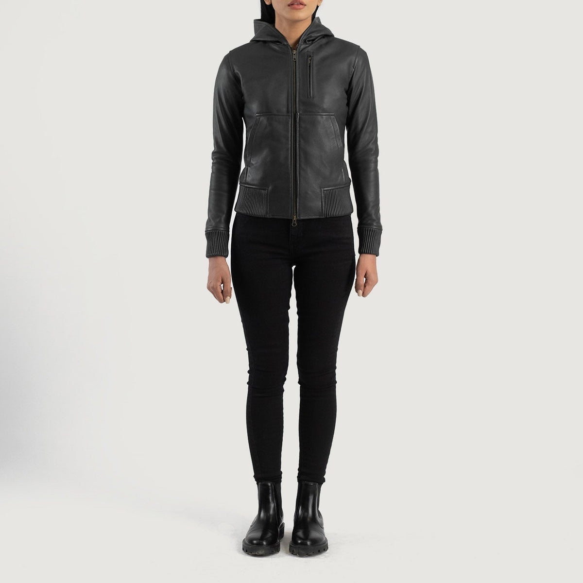 
Luna Hooded Chaqueta Bomber de Cuero para Mujer – alternate product view 3