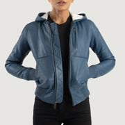 
Luna Blue Hooded Leather Bomber Jacket in Blue Sheepskin Leather - Vista frontal y silueta entallada | Comprar online