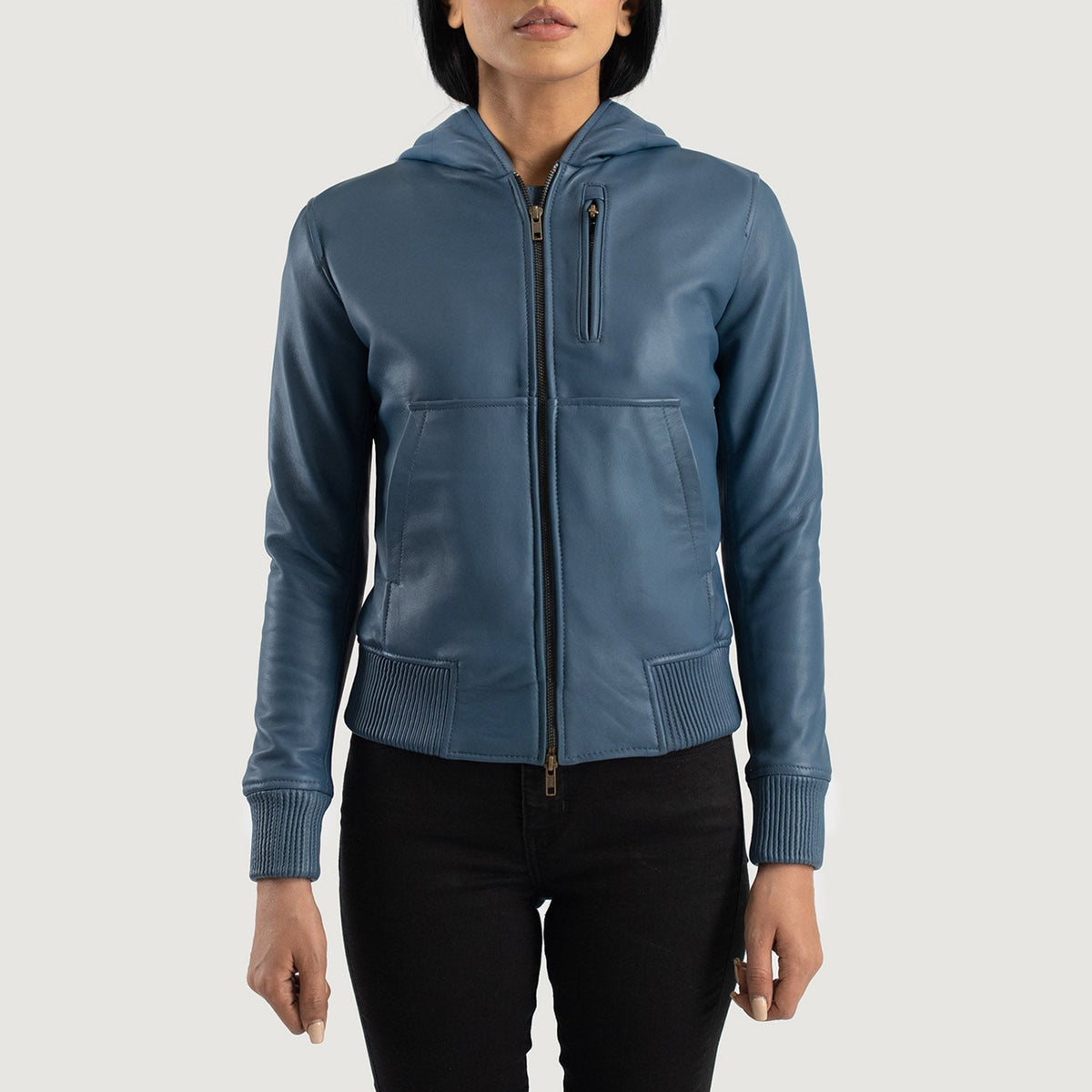 
Vista de detalle of Hooded & Zipper Hardware on Luna Blue Hooded Leather Bomber Jacket