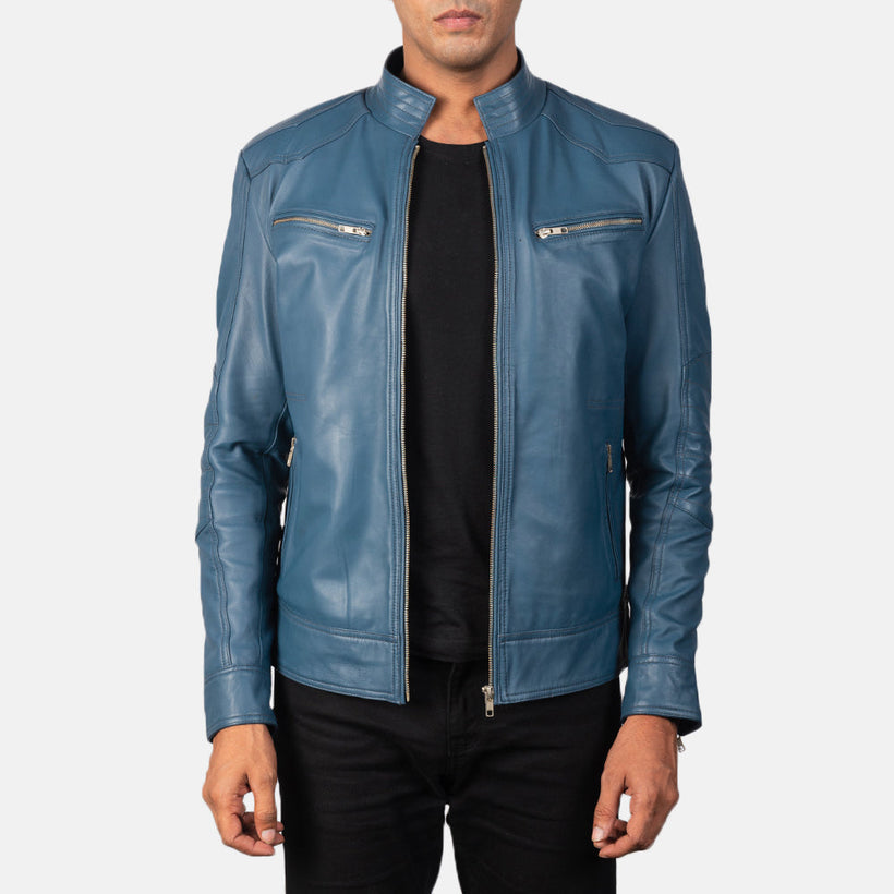 Mack Azul Chaqueta Biker de Cuero para Hombre