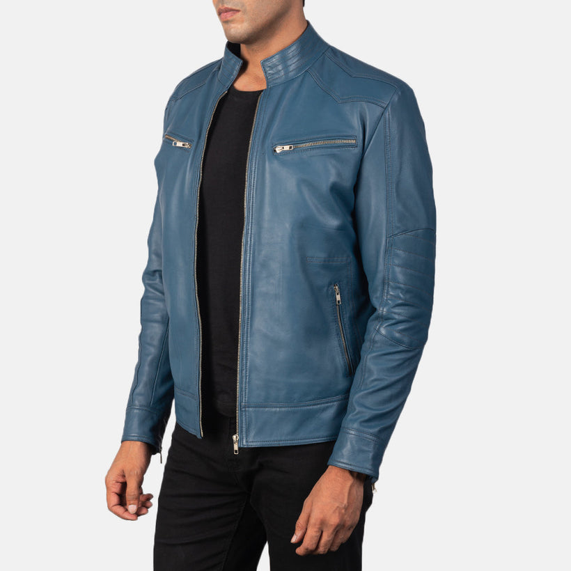 Mack Azul Chaqueta Biker de Cuero para Hombre