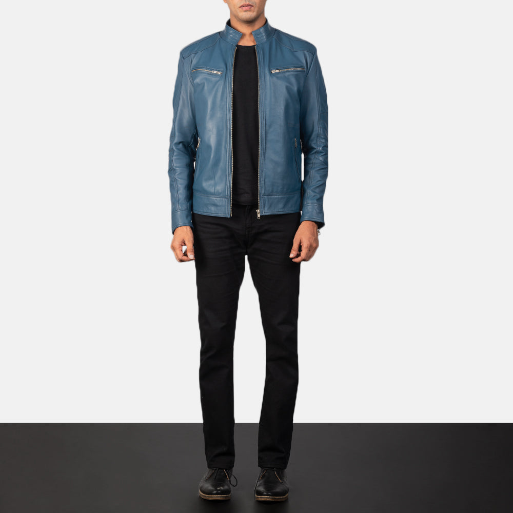 Mack Azul Chaqueta Biker de Cuero para Hombre - Vista de perfil lateral con corte ergonómico de manga