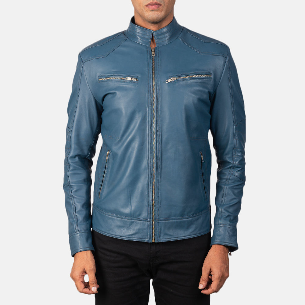 Detalle de cerca of Band &amp; Zipper Hardware on Mack Azul Chaqueta Biker de Cuero para Hombre