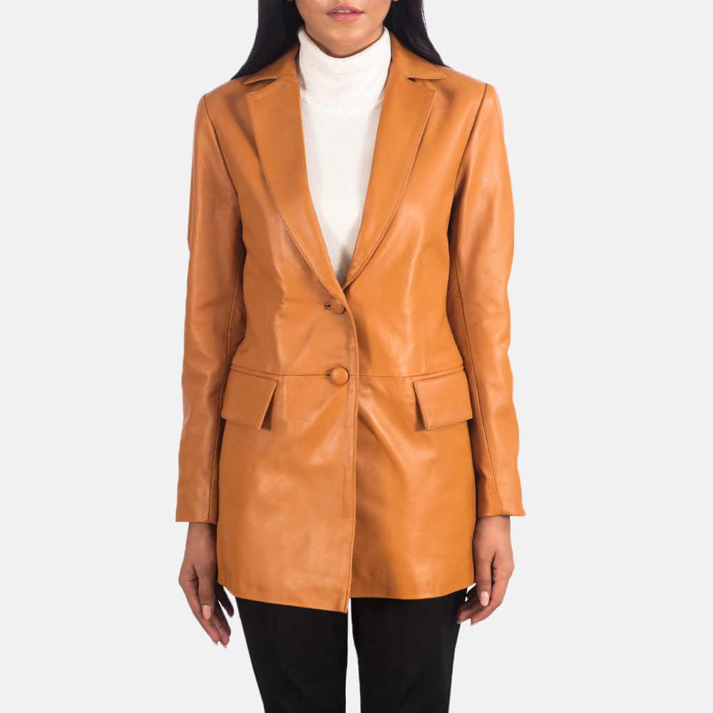 Women's Marilyn Tan Brown Leather Blazer in Tan Brown Sheepskin Leather - Vista frontal y silueta a medida | Comprar online