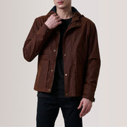 Marlo Brown Canvas Hooded Work Jacket For Men in Brown Waxed Cotton Canvas - Vista frontal y silueta a medida | Comprar online