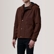 Marlo Brown Canvas Hooded Work Jacket For Men - Vista de perfil lateral con corte ergonómico de manga