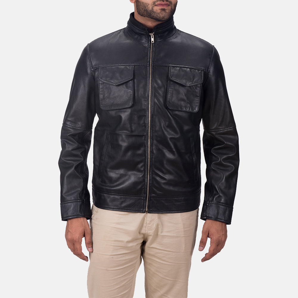 Maurice Negro Chaqueta de Cuero para Hombre in Black Sheepskin Leather - Vista frontal y silueta a medida | Comprar online