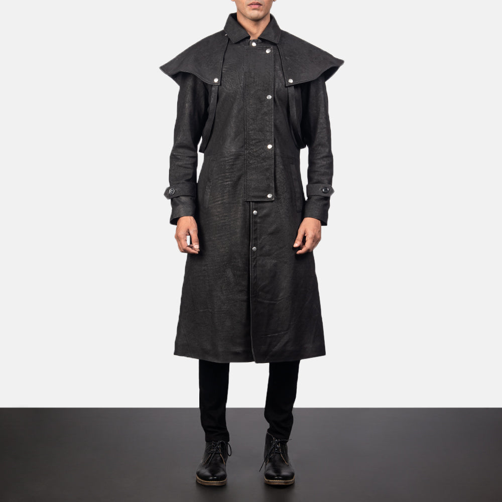 
Maverick Negro Leather Duster para Hombre in Distressed Black Sheepskin Snuffed - Vista frontal y silueta entallada | Comprar online