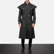 
Maverick Negro Leather Duster para Hombre in Distressed Black Sheepskin Snuffed - Vista frontal y silueta entallada | Comprar online