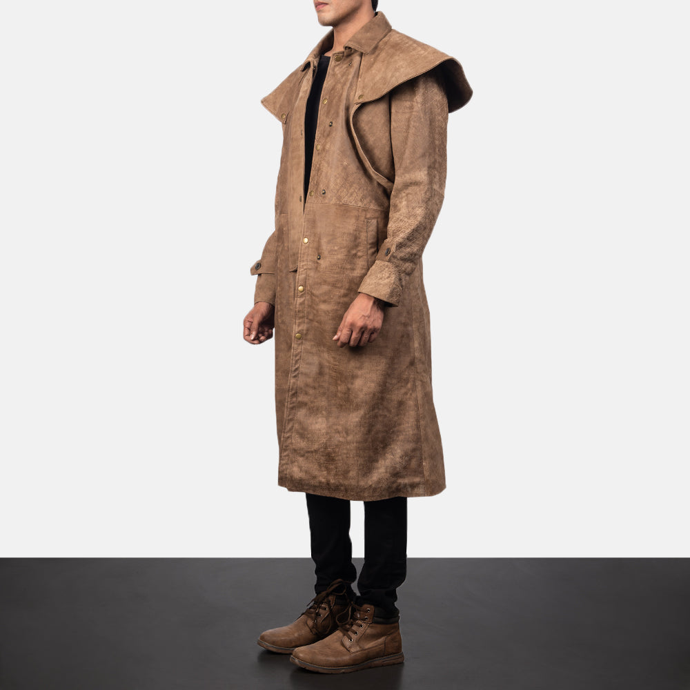
Distressed Brown Sheepskin Snuffed Suede Jacket - Vista posterior con hombros definidos y bajo impecable
