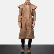 
Vista de detalle of Shirt & Heavy-Duty Zipper Hardware on Maverick Marrón Leather Duster para Hombre