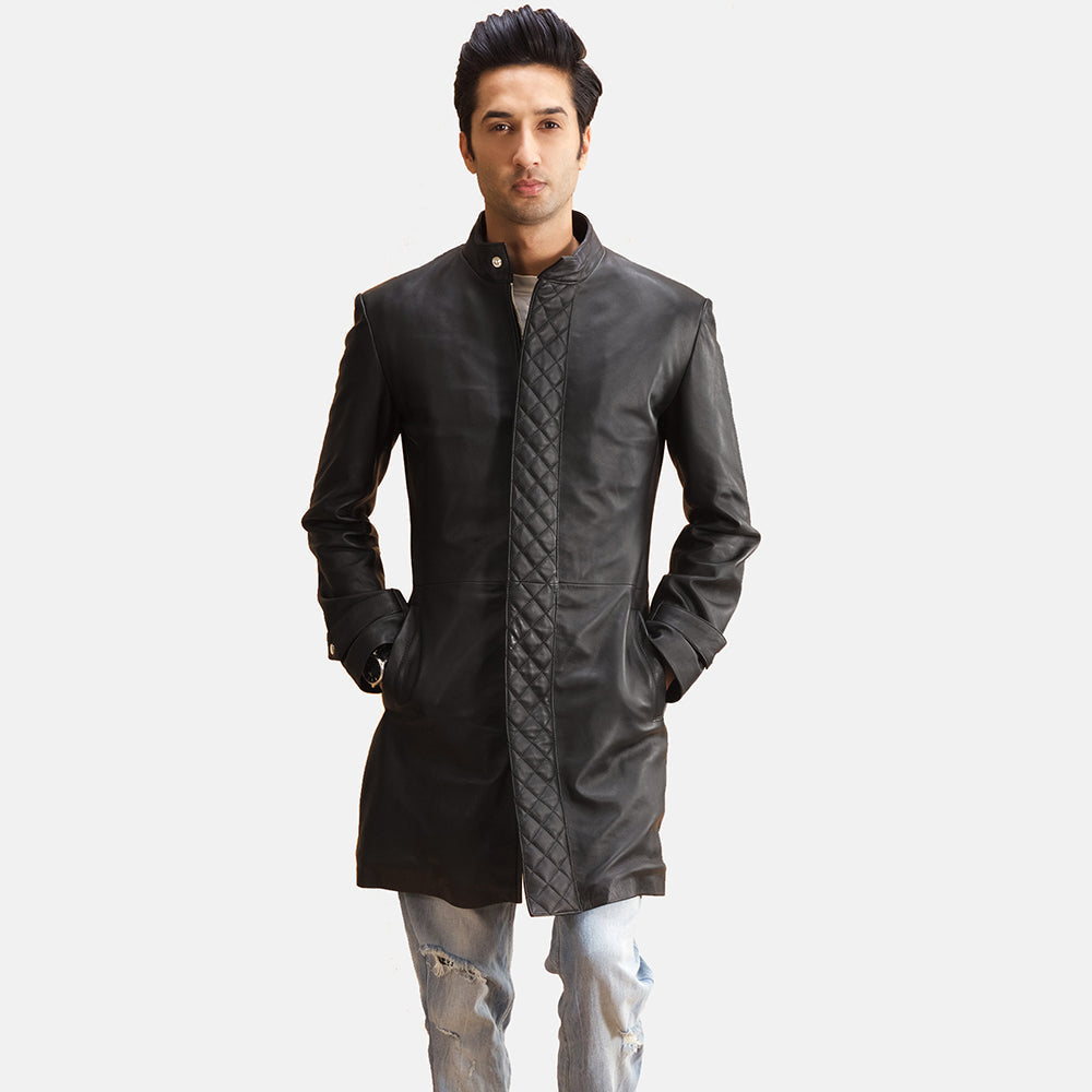 Men's Midlander Acolchado Negro Abrigo de Cuero para Hombre in Black Sheepskin Leather - Vista frontal y silueta a medida | Comprar online