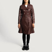 Maroon Sheepskin Leather Trench Coat - Vista trasera con ajuste entallado en hombros y bajo impecable