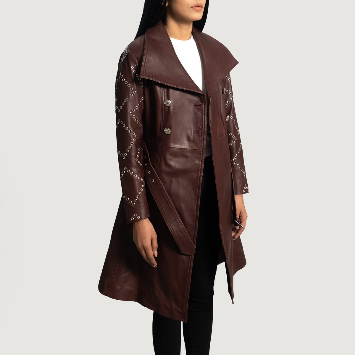 Women's Missoni Granate Trench de Cuero para Mujer - Vista de perfil lateral con corte ergonómico de manga