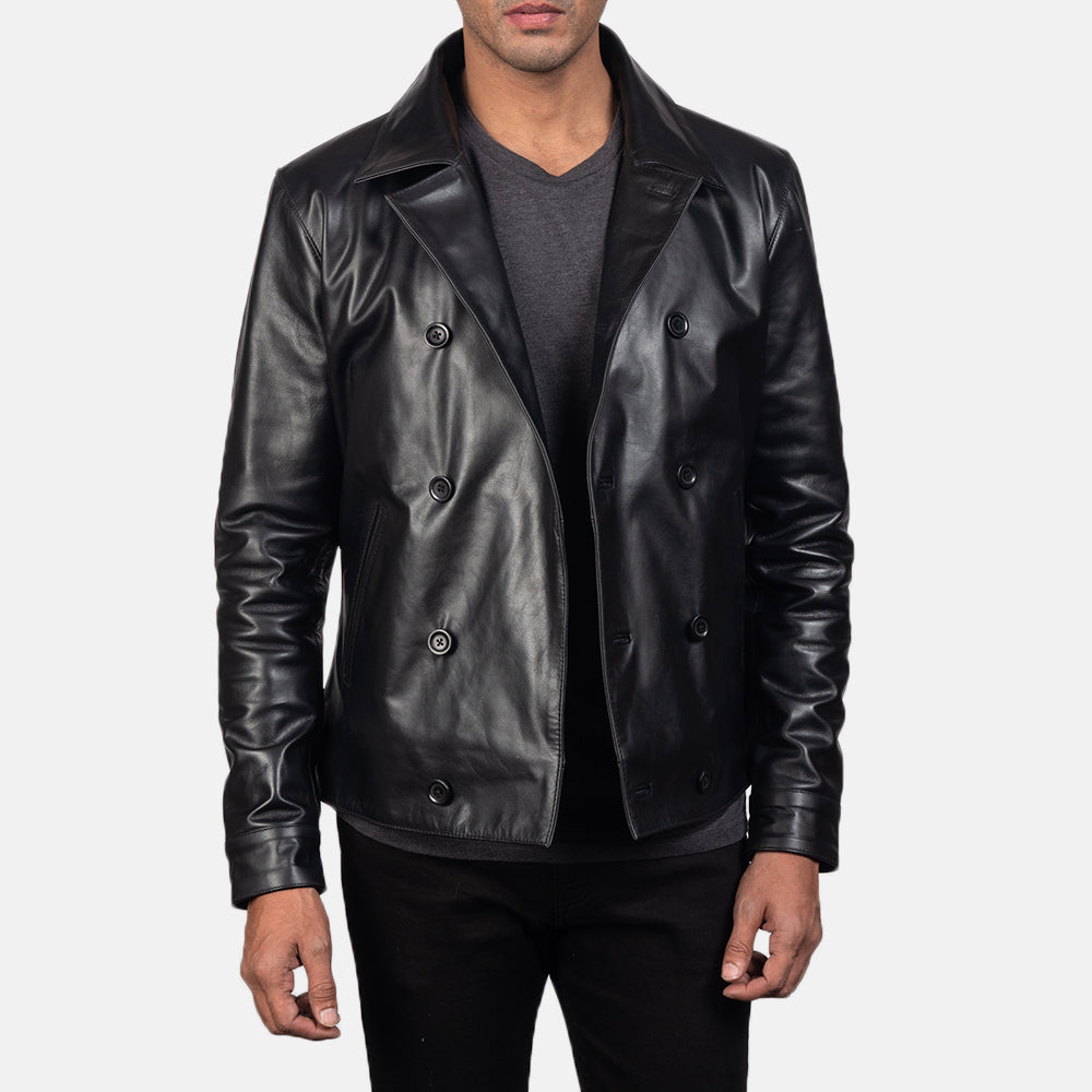Detalle de cerca of Notch &amp; Buttons Hardware on Mod Negro Leather Peacoat para Hombre