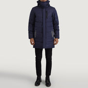 
Moore Azul Hooded Parka para Hombre - Vista lateral mostrando el corte ergonómico de mangas