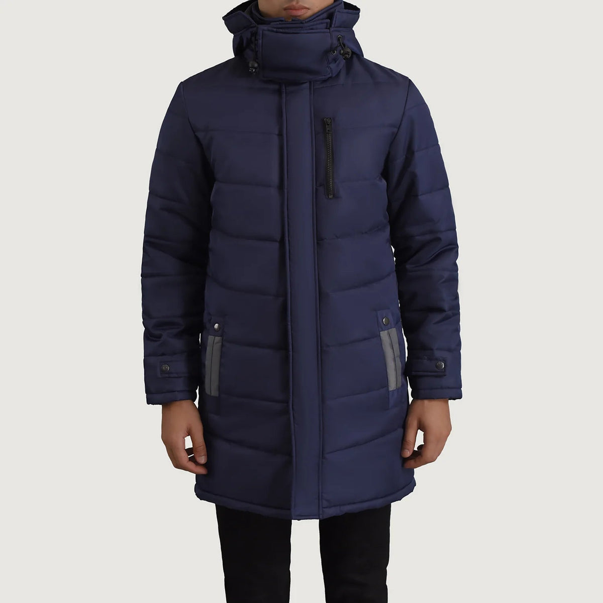 
Vista de detalle of Classic Collar & Zipper With Snap Button Placket Hardware on Moore Azul Hooded Parka para Hombre