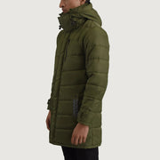 
Green Full-Grain Leather Hooded Jacket - Vista posterior con hombros definidos y bajo impecable