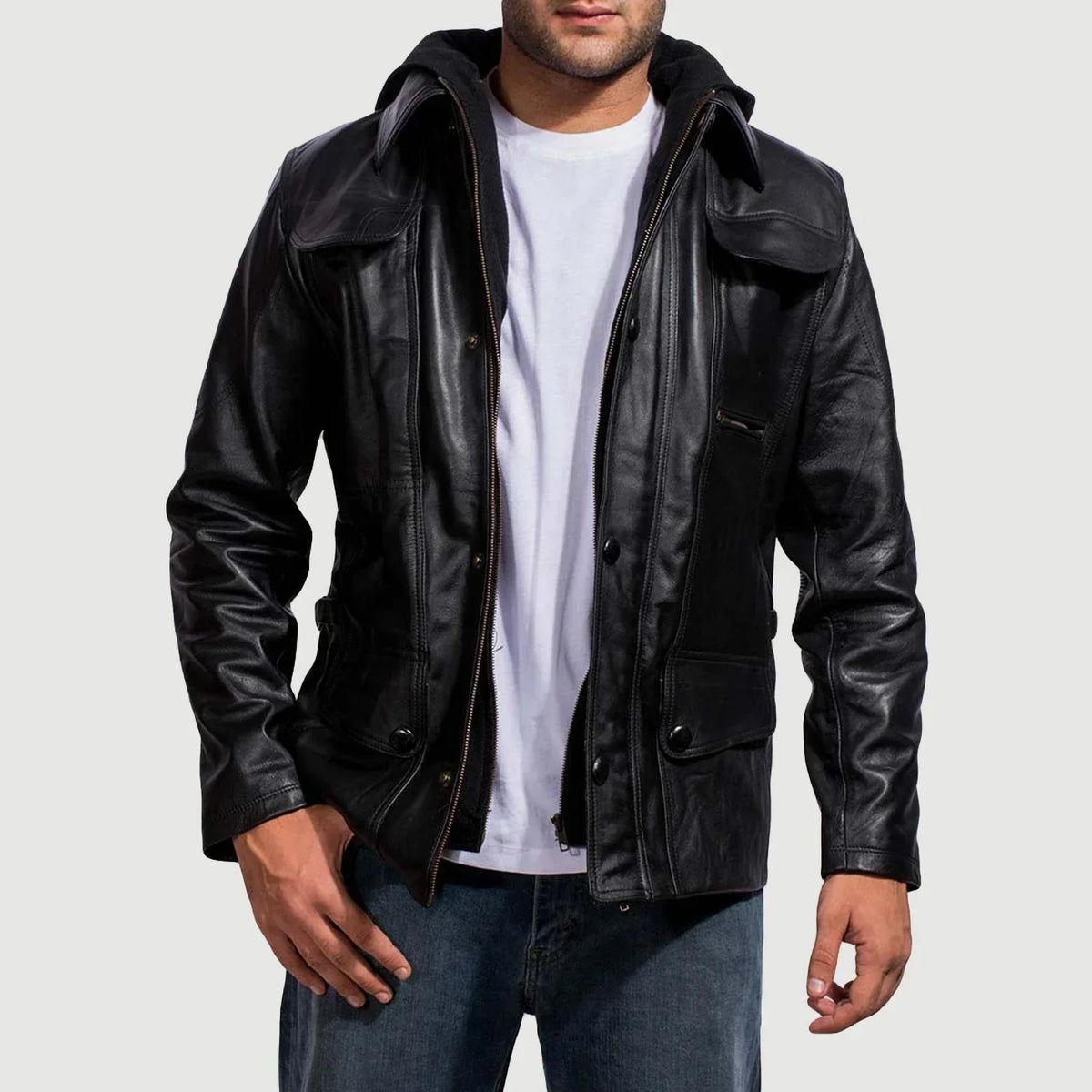 Men's Moulder Hooded Negro Chaqueta de Cuero para Hombre in Black Cowhide Leather - Vista frontal y silueta a medida | Comprar online