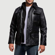 Black Cowhide Leather Hooded Jacket - Vista trasera con ajuste entallado en hombros y bajo impecable