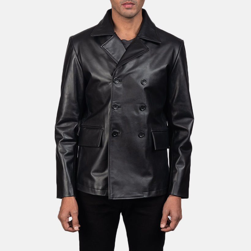 Mr. Bailey Negro Leather Naval Peacoat para Hombre