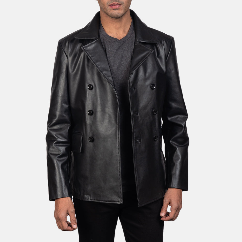 Detalle de cerca of Notch &amp; Buttons Hardware on Men's Mr. Bailey Negro Leather Naval Peacoat para Hombre