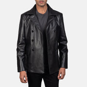 Detalle de cerca of Notch &amp; Buttons Hardware on Men's Mr. Bailey Negro Leather Naval Peacoat para Hombre