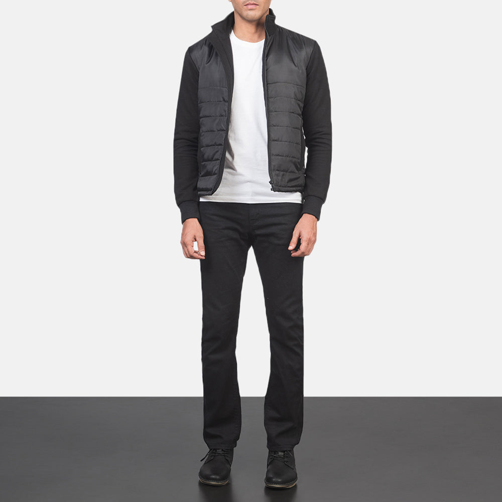 Nashville Acolchado Negro Windbreaker Chaqueta de Cuero para Hombre - Vista de perfil mostrando el corte ergonómico de manga
