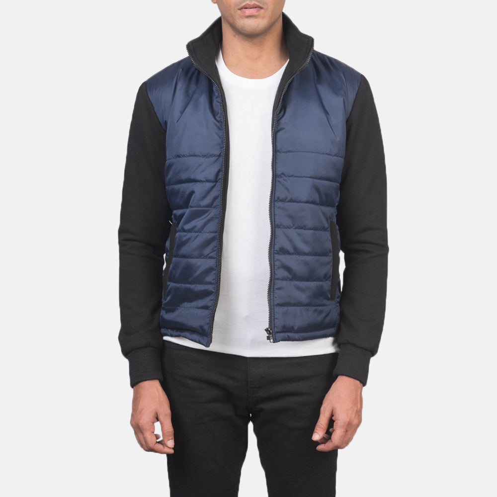 Men's Nashville Acolchado Azul Windbreaker Chaqueta de Cuero para Hombre in Blue &amp; Black Nylon (Torso) &amp;Amp; Knitted Fabric (Sleeves) - Vista frontal y silueta a medida | Comprar online