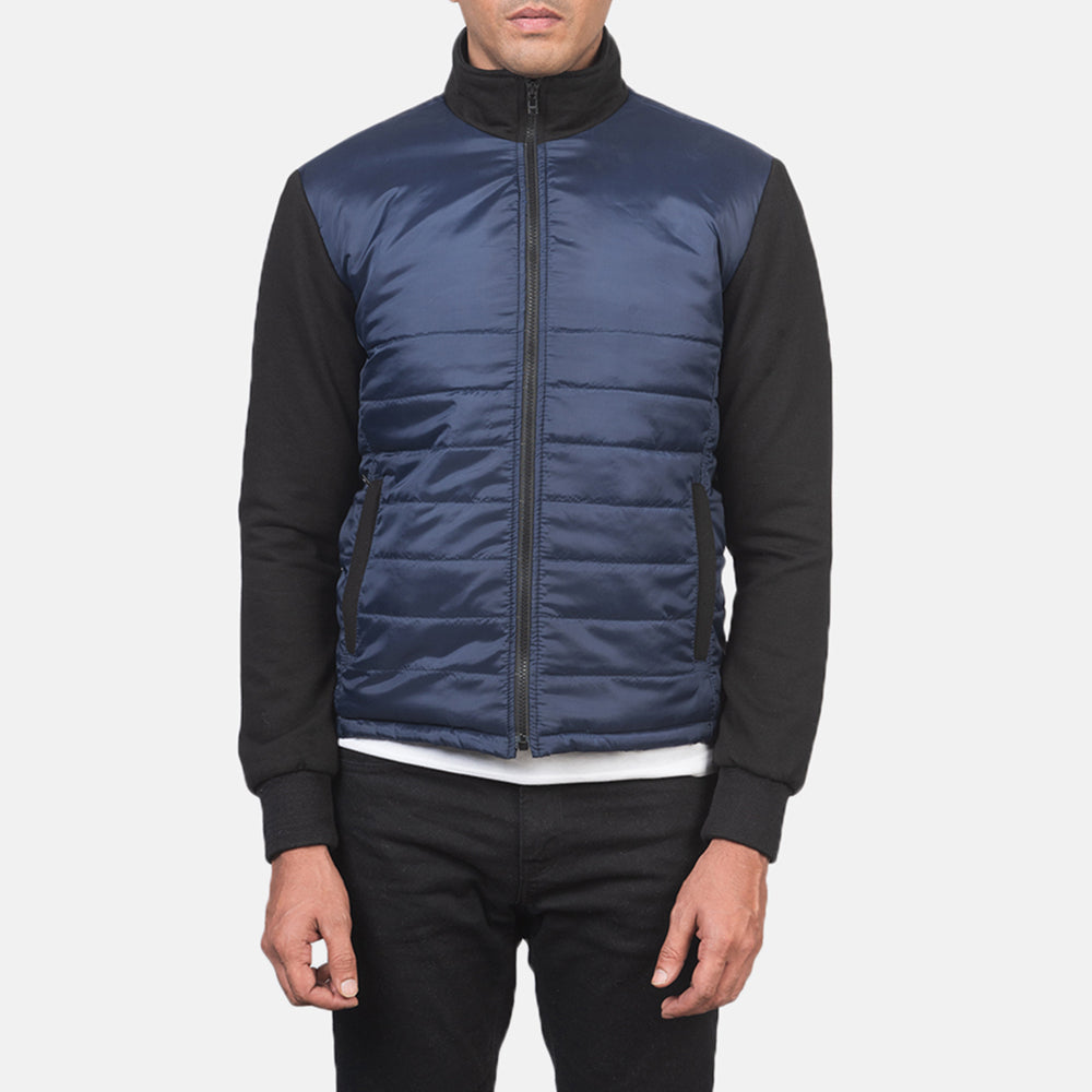 Detalle de cerca of High Neck &amp; Zipper with wind flap Hardware on Men's Nashville Acolchado Azul Windbreaker Chaqueta de Cuero para Hombre